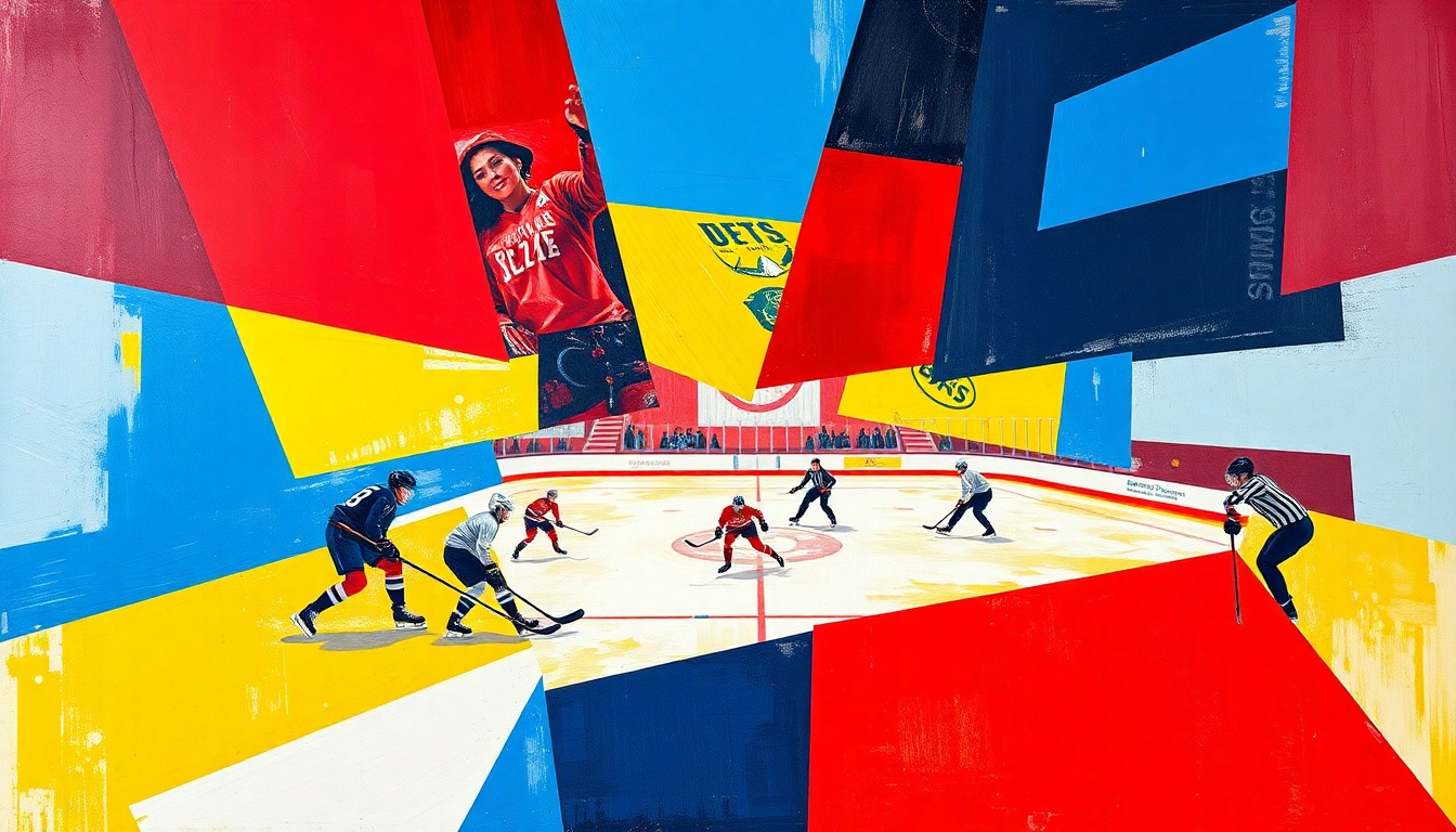 A cubist, geometric painting depicting a women's hockey game, with sharp, overlapping planes of color in red, blue, and yellow, conveying the dynamic energy and strategic complexity of the PWHL's expansion plans.
