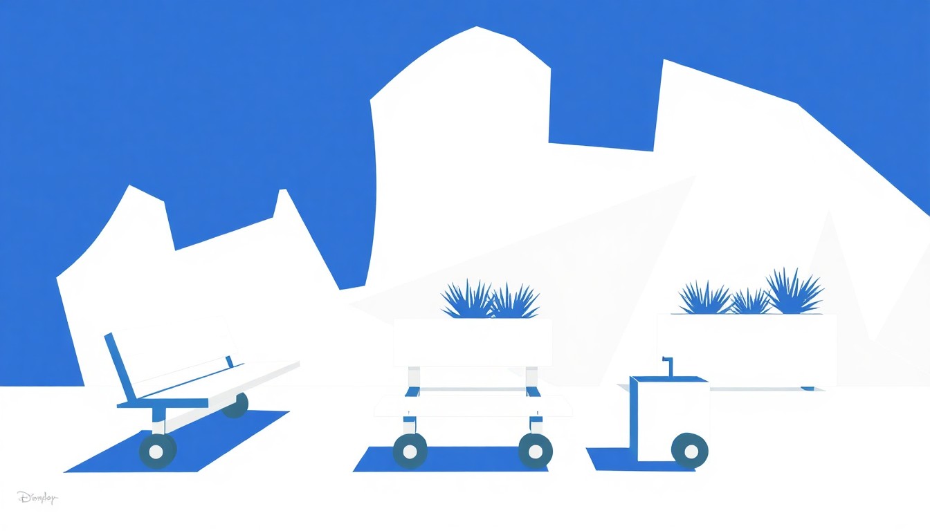 An abstract, minimalist illustration featuring sharp, geometric shapes in shades of blue, grey, and white, representing the new seating and landscaping additions at Disney's Hollywood Studios, with a focus on the custom-built benches and rolling planters.