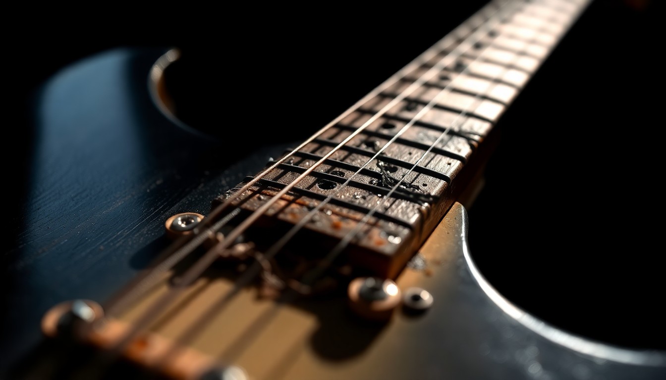 An extreme close-up photograph of a weathered, textured electric guitar neck, capturing the gritty, lived-in quality of an instrument that has accompanied countless musical performances and collaborations.