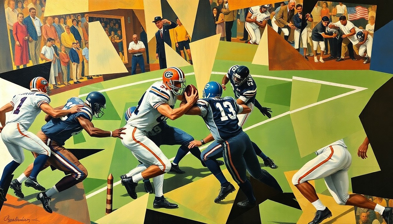A fractured, geometric painting depicting the abstracted forms of football players engaged in a defensive play, with sharp, overlapping planes of color and shape conveying the intensity and dynamism of the action.