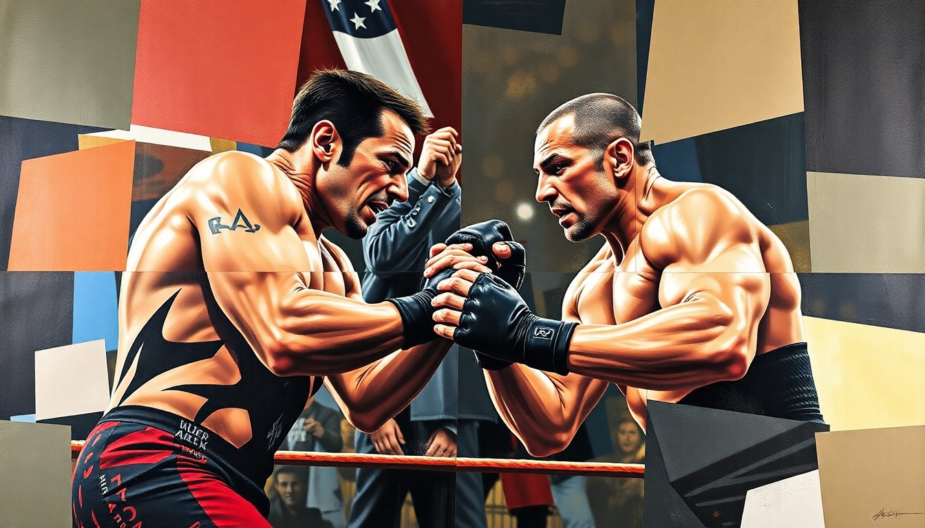 A fragmented, geometric painting depicting a wrestling match, with the figures and actions broken down into sharp, overlapping planes of color and shape, conveying the conceptual clash between humor and seriousness in the sport.