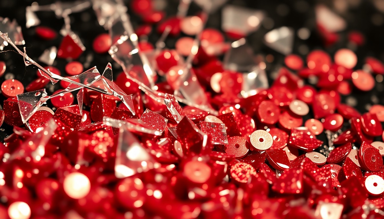 An extreme close-up photograph of shattered glass and glittering sequins, capturing the high-fashion glamour and celebrity culture of the 'Devil Wears Prada' franchise.