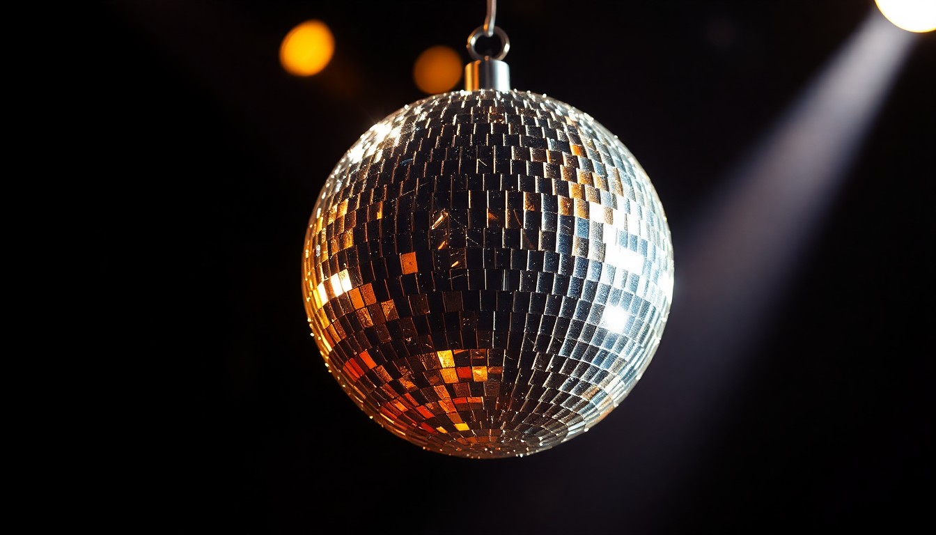 An extreme close-up of a disco ball reflecting a dazzling array of light, capturing the high-energy and celebratory mood of a musical performance.