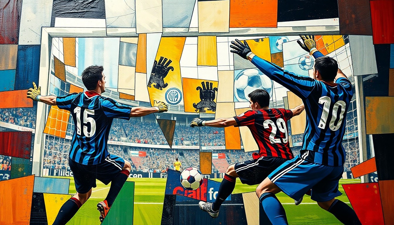 A cubist-style painting depicting a soccer match between two goalkeepers, with the players and the field broken down into sharp, overlapping geometric shapes and planes of color.