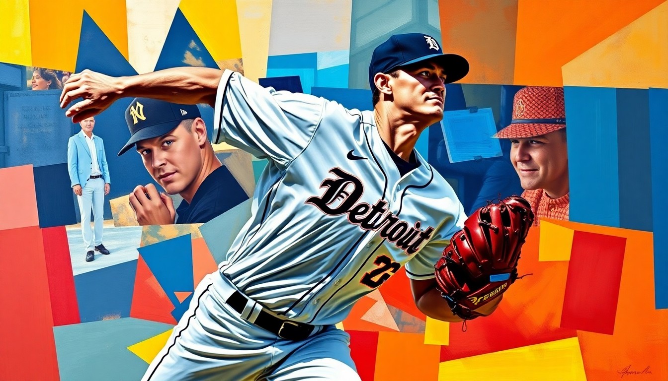 A cubist, geometric painting depicting the dynamic motion of a baseball pitcher, with sharp, overlapping planes of color representing the Detroit Tigers' uniform.