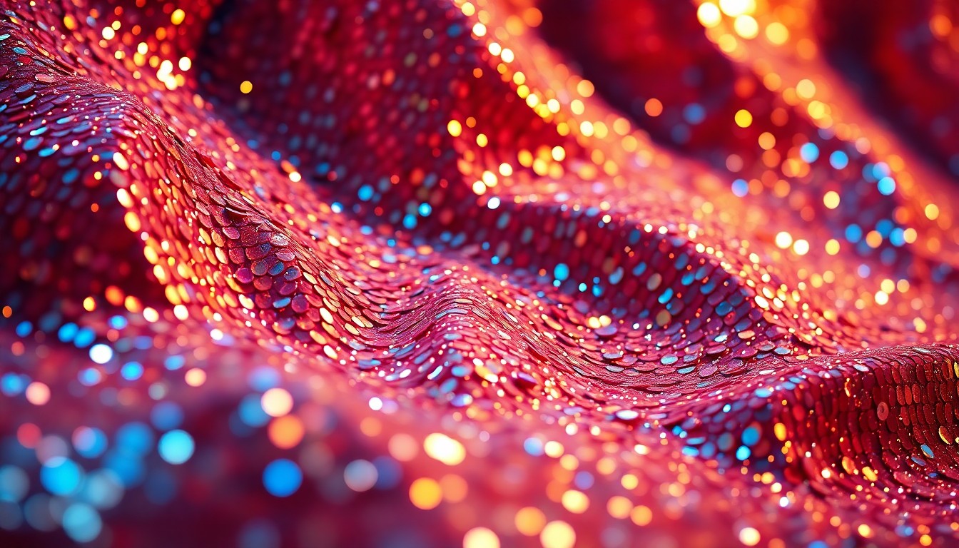 An abstract close-up photograph featuring a textured, high-contrast surface of shimmering sequins and reflective glass, evoking the opulent world of Bollywood cinema.