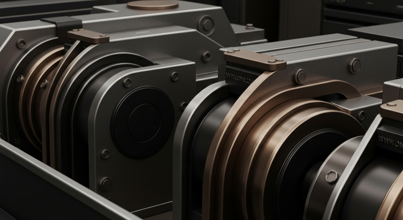 A highly detailed, black-and-white close-up image of gears, levers, and other heavy industrial machinery, representing the physical and institutional underpinnings of a regional bank's financial operations.