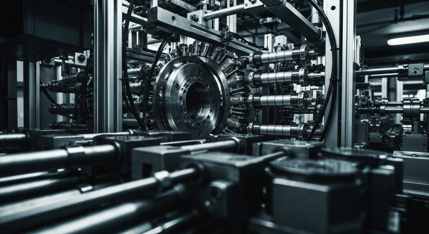 An extreme close-up image of the inner workings of an optical cable manufacturing facility, with gears, circuits, and other industrial components filling the frame in a high-contrast, cinematic style.