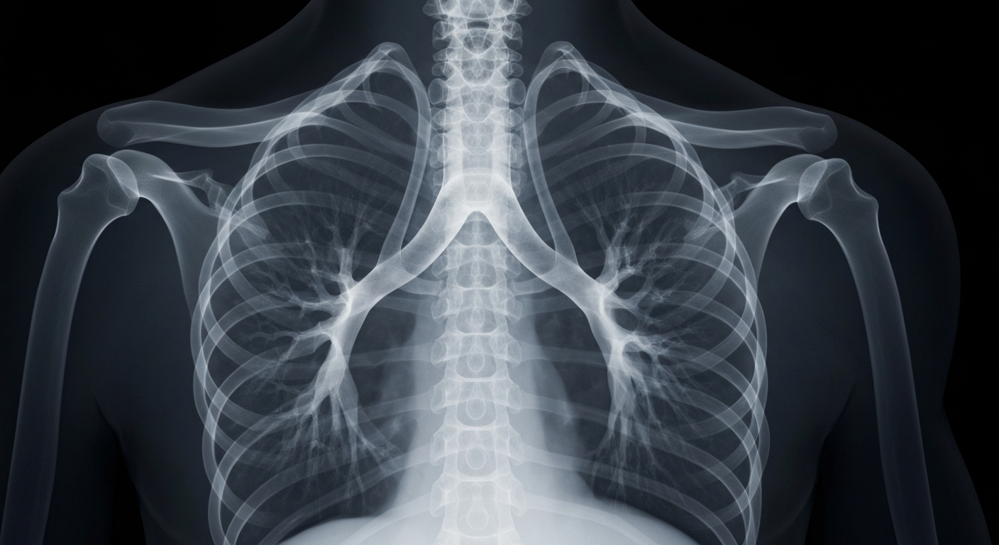 A ghostly, translucent X-ray image showing the detailed internal structures of the human respiratory system, conceptually representing the health concerns surrounding the current flu season.