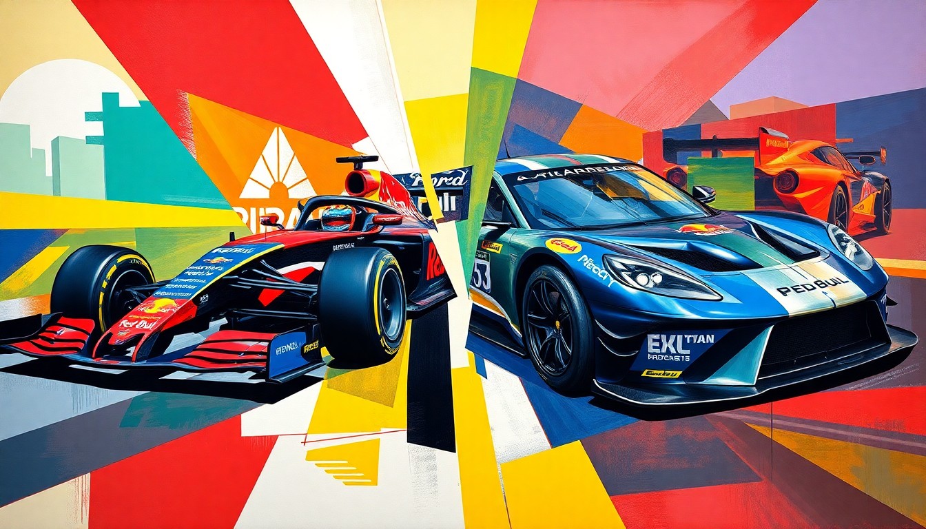 A cubist, geometric painting depicting a Formula 1 car and a Supercar in bold, vibrant colors, representing the collaboration between Red Bull and Ford in the world of motorsports.