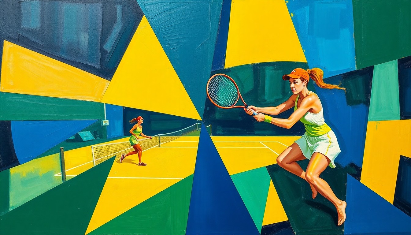 A fragmented, geometric painting in navy, green, and yellow hues, depicting the dynamic movements and competitive energy of a women's tennis match.