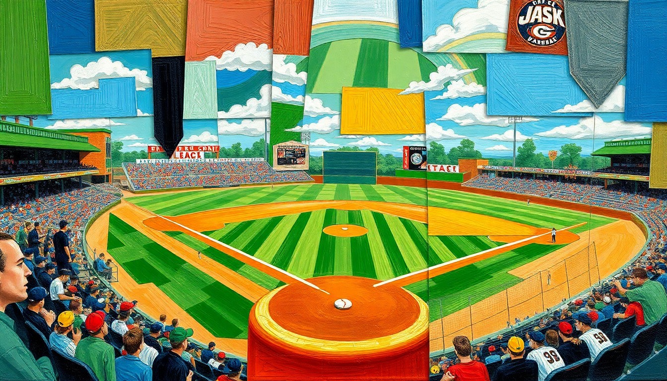 A fragmented, geometric painting depicting the dynamic movements and energy of a high school baseball game, with sharp planes of green, brown, and blue hues.