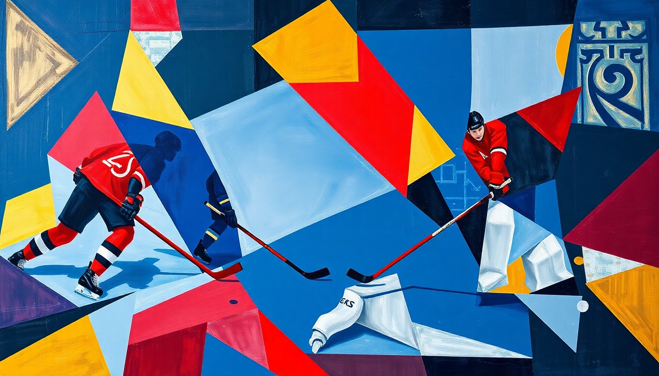 A fractured, geometric painting depicting the dynamic movements of hockey players and the puck, rendered in a vibrant color palette of navy, crimson, and gold.