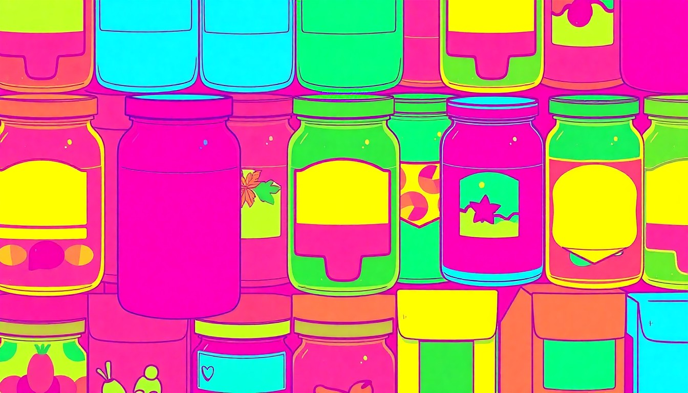 A grid of boldly colored, silkscreen-style illustrations of various grocery items, conceptually representing the curated selection of specialty foods and organic products found at Old World Food Market.