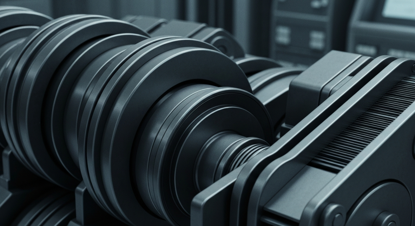 An extreme close-up of heavy, industrial banking equipment and machinery in muted shades of grey and blue, conveying a sense of institutional power and financial security as a metaphor for the potential market downturn.