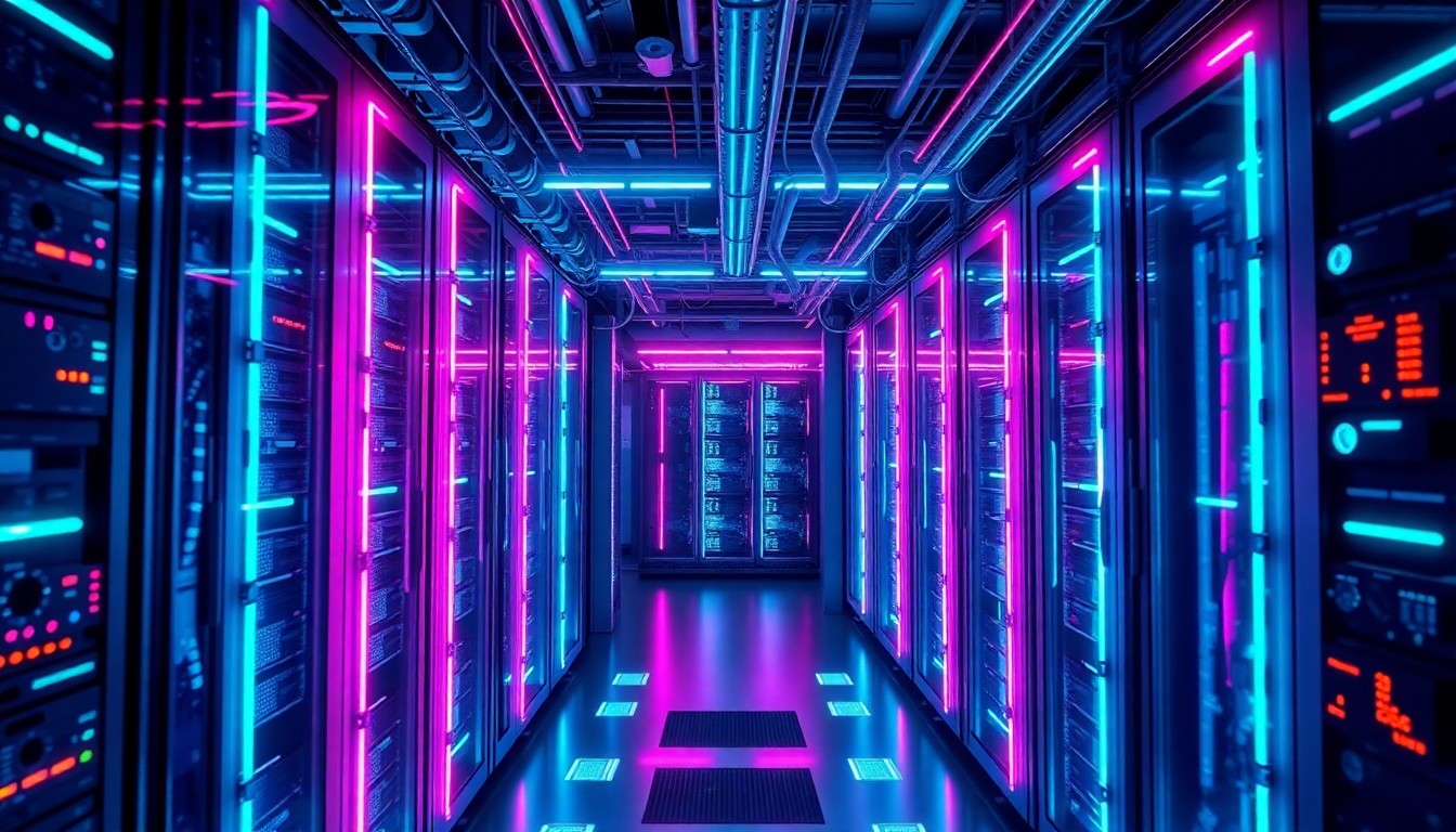 A highly detailed, glowing 3D illustration of futuristic cybernetic hardware and infrastructure, with neon cyan and magenta lights emanating from server racks, cables, and circuit boards, conceptually representing the autonomous AI models redefining the global workplace.