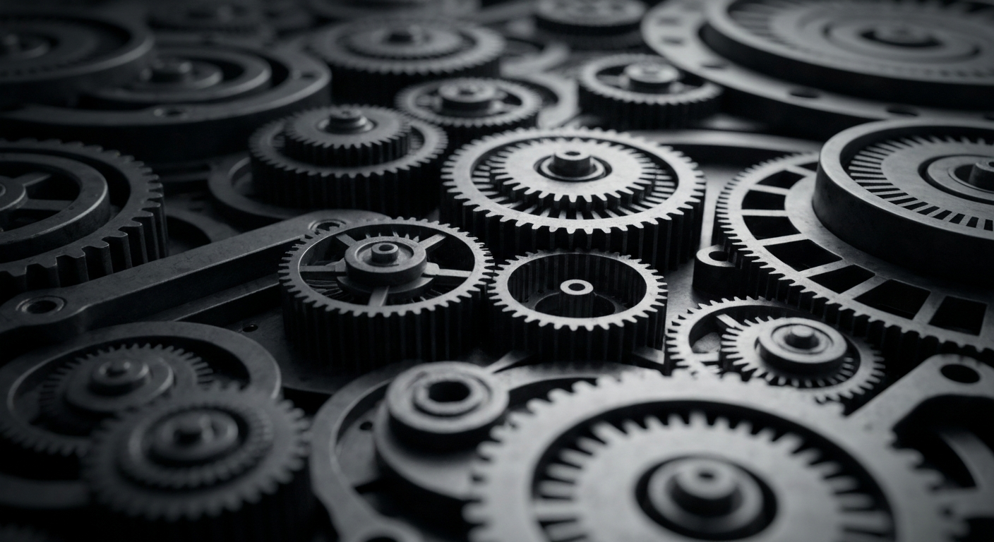 An extreme close-up of the inner workings of a high-tech financial trading platform, with gears, circuits, and other industrial components filling the frame in a dramatic, cinematic style that conveys a sense of power and technological sophistication in the world of institutional investing.