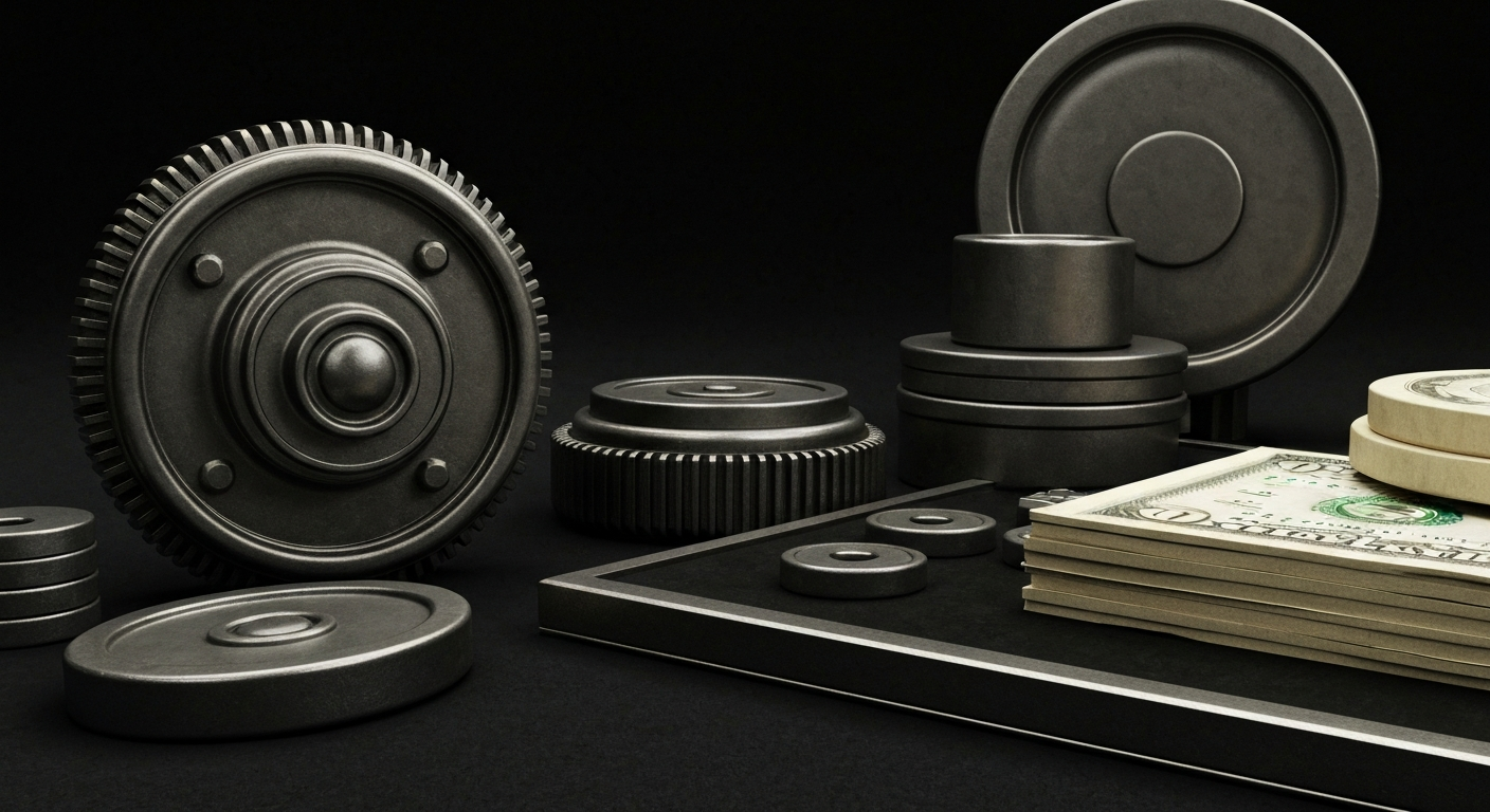 An extreme, cinematic close-up of heavy, metallic banking equipment and mechanisms, conveying a sense of industrial power and financial security without depicting any literal currency or charts.