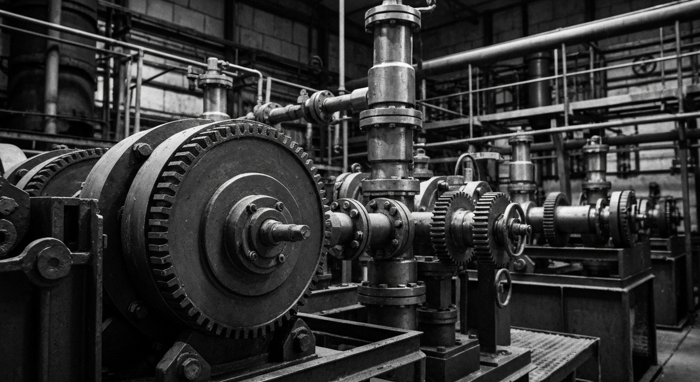 A high-contrast black and white close-up image of the gears, valves, and other industrial machinery inside a paint production facility, conveying the tangible, physical nature of Sherwin-Williams' specialty chemicals business.