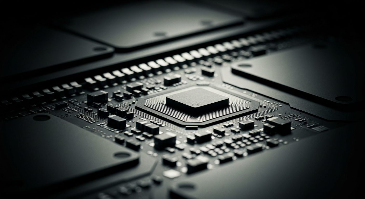 An extreme close-up of the intricate metal circuitry and components inside a Qualcomm semiconductor chip, captured in a high-contrast, cinematic style that emphasizes the complex, industrial nature of the company's technology.