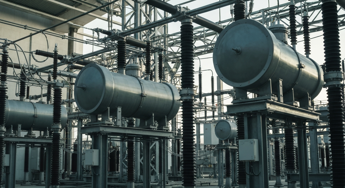 A close-up, black-and-white image of the inner workings of an electrical substation, featuring a tangle of heavy, industrial machinery and equipment that conveys the scale and complexity of the infrastructure supporting the renewable energy transition.