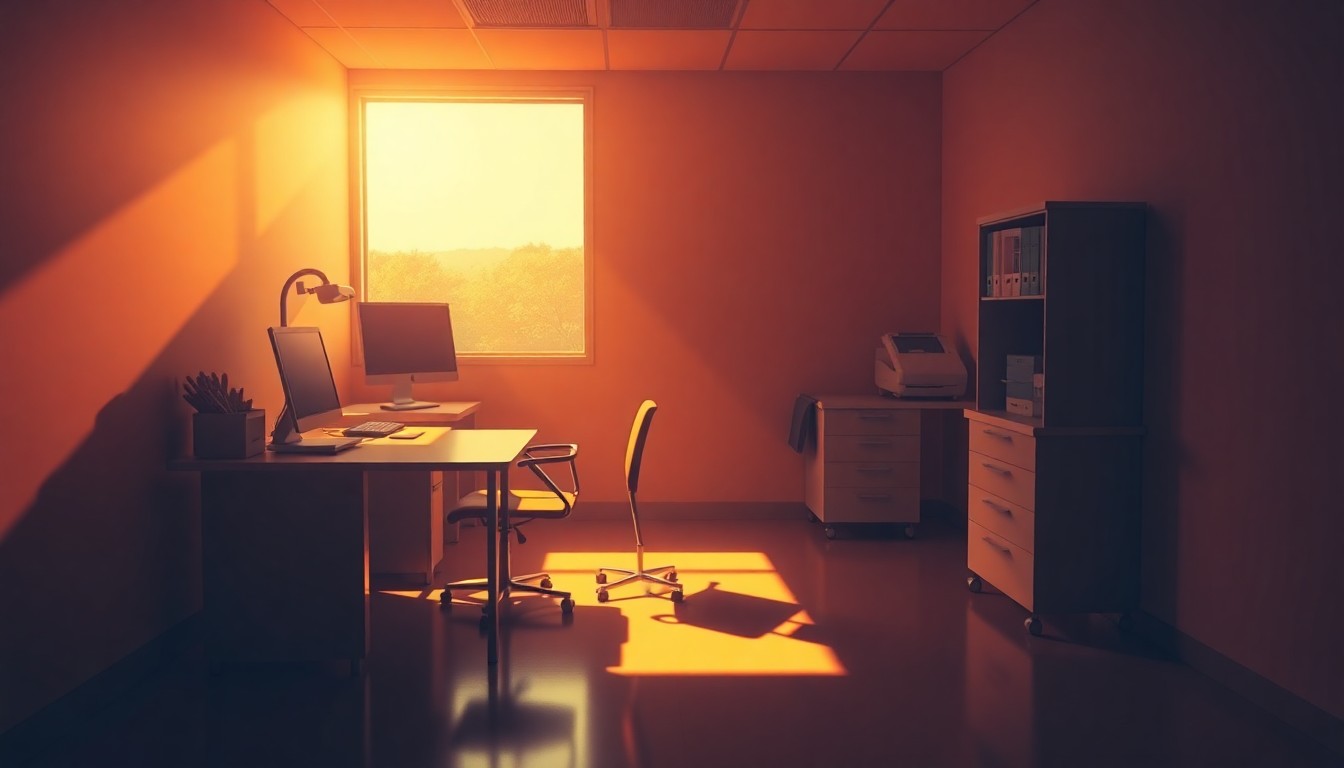 A quiet, cinematic painting of an empty doctor's office with a desk, chair, and medical equipment bathed in warm, diagonal sunlight and deep shadows, conceptually representing the political tension over telehealth abortion access.