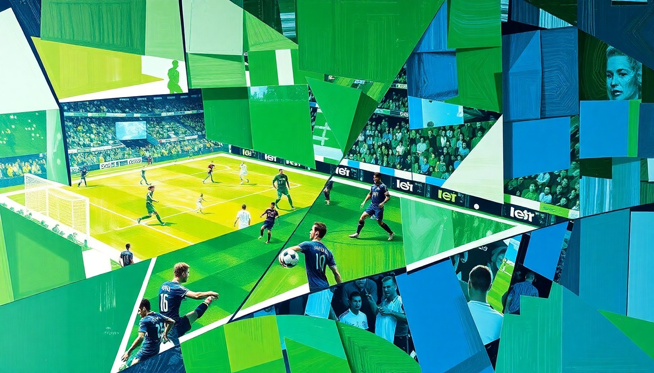 A fragmented, geometric painting depicting the dynamic movements and competing perspectives of a high-energy soccer match, with sharp planes of green, white, and blue.