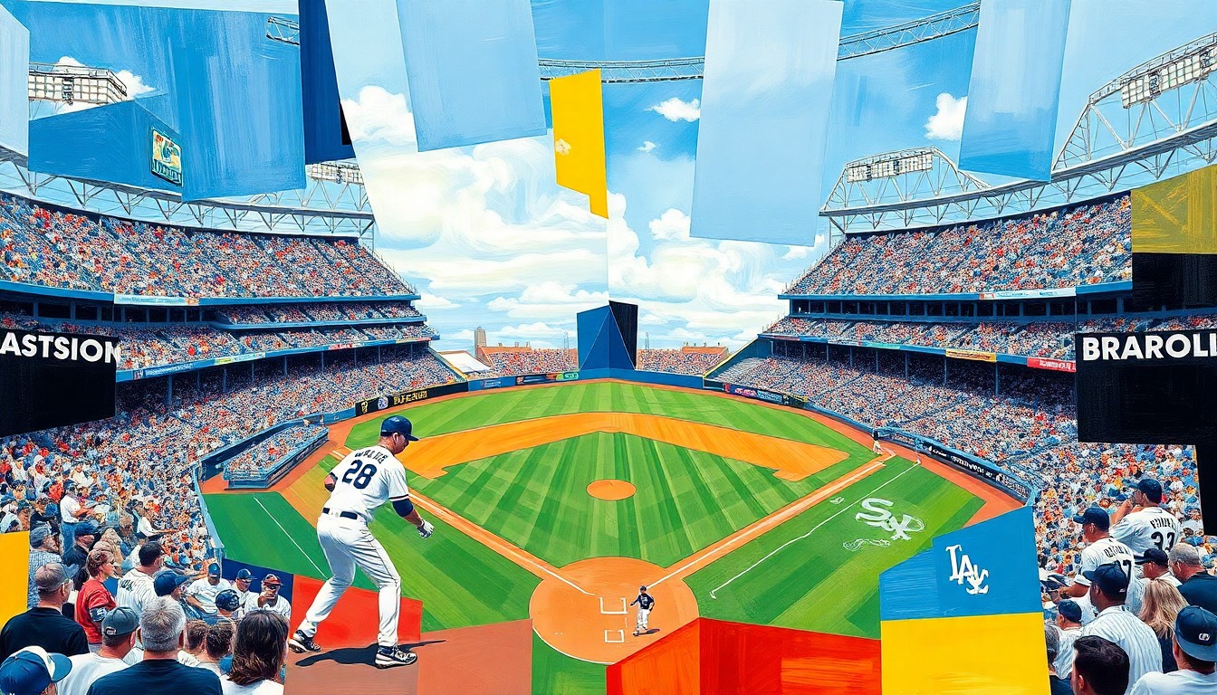 A cubist, geometric painting depicting a baseball game between the Kansas City Royals and Chicago White Sox, with the players and field broken down into sharp, overlapping planes of vibrant blue, black, and white colors.