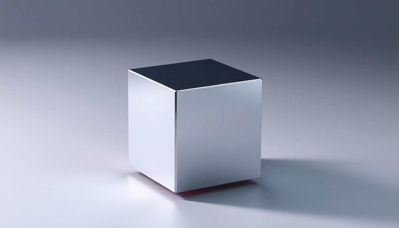 A highly polished, geometric metal cube with a subtle holographic shimmer, floating on a clean, monochromatic background, representing the abstract concept of tokenized real estate assets.
