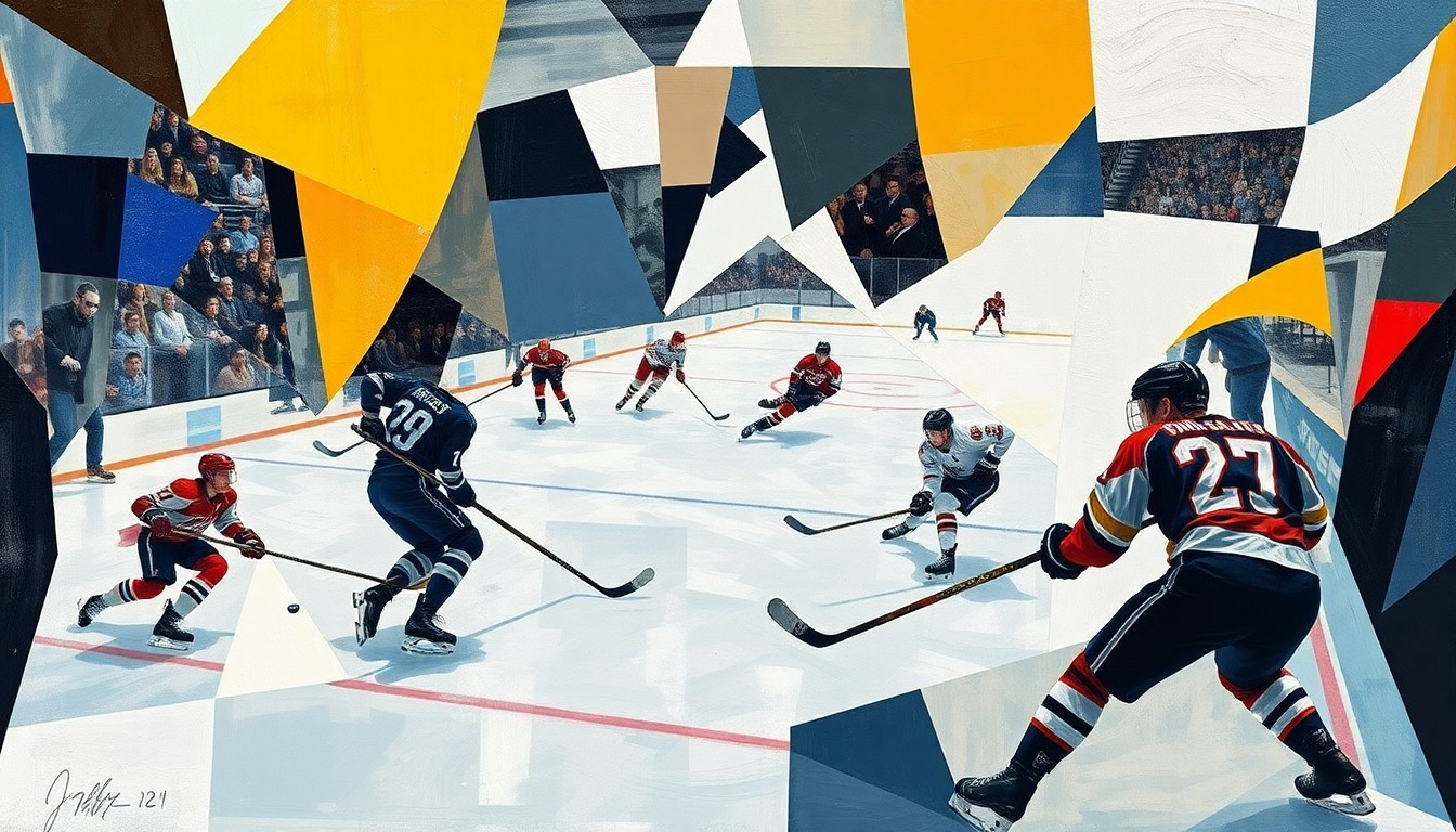 A cubist, geometric painting depicting the dynamic motion and energy of a college hockey game, with players' movements broken down into abstract shapes and forms.