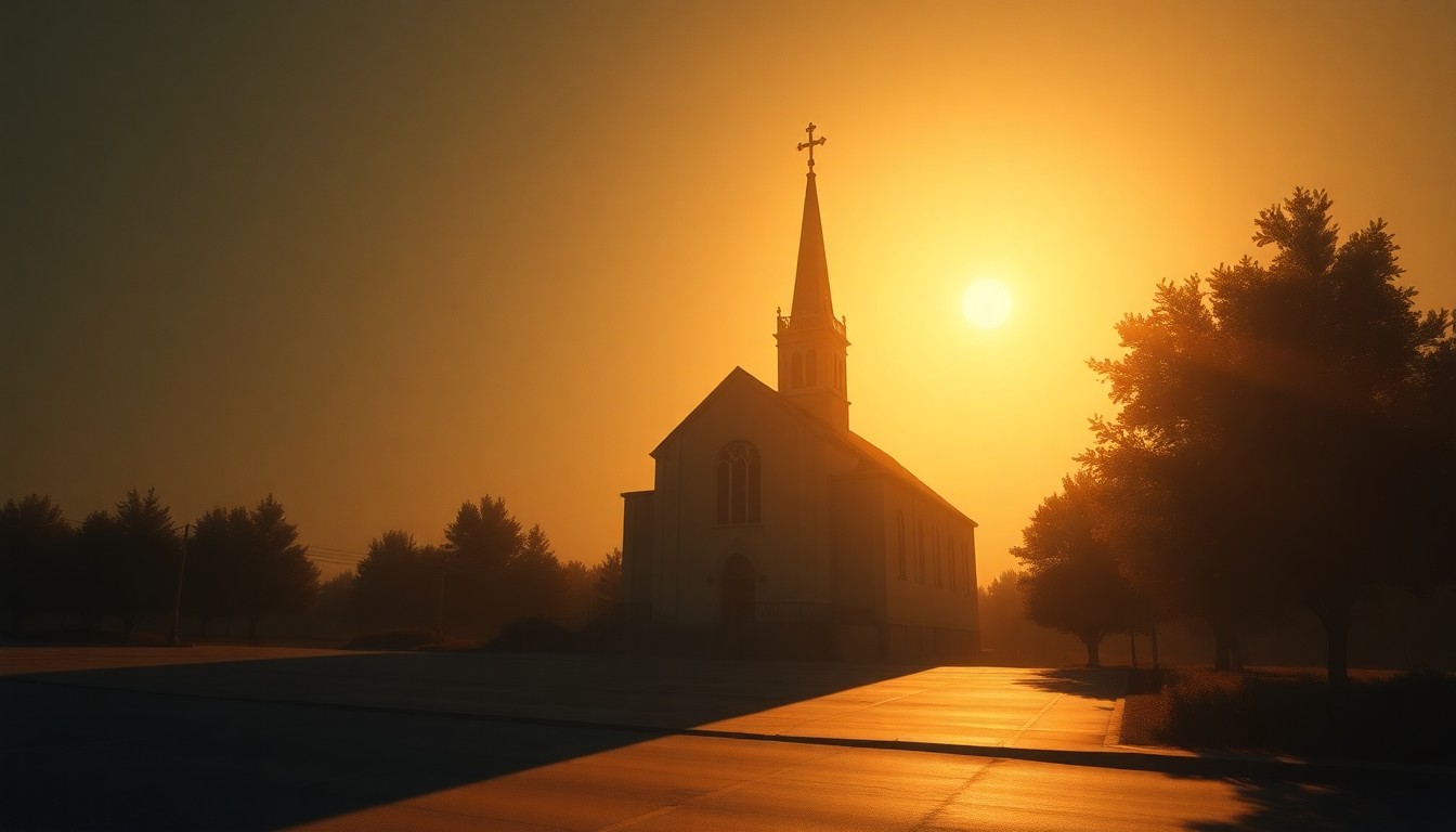 A serene, cinematic painting of a Catholic church or cathedral, its facade bathed in warm, diagonal sunlight and deep shadows, conveying a sense of quiet contemplation and moral leadership in the face of conflict.