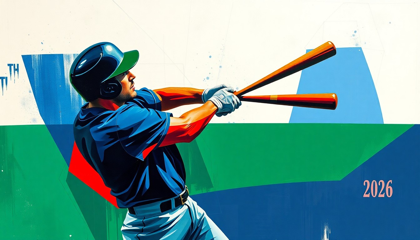 A fractured, multi-perspective painting depicting a baseball player in mid-swing, broken down into sharp, overlapping geometric planes in a vibrant color palette, conceptually representing Adael Amador's journey to secure a starting role with the Rockies.