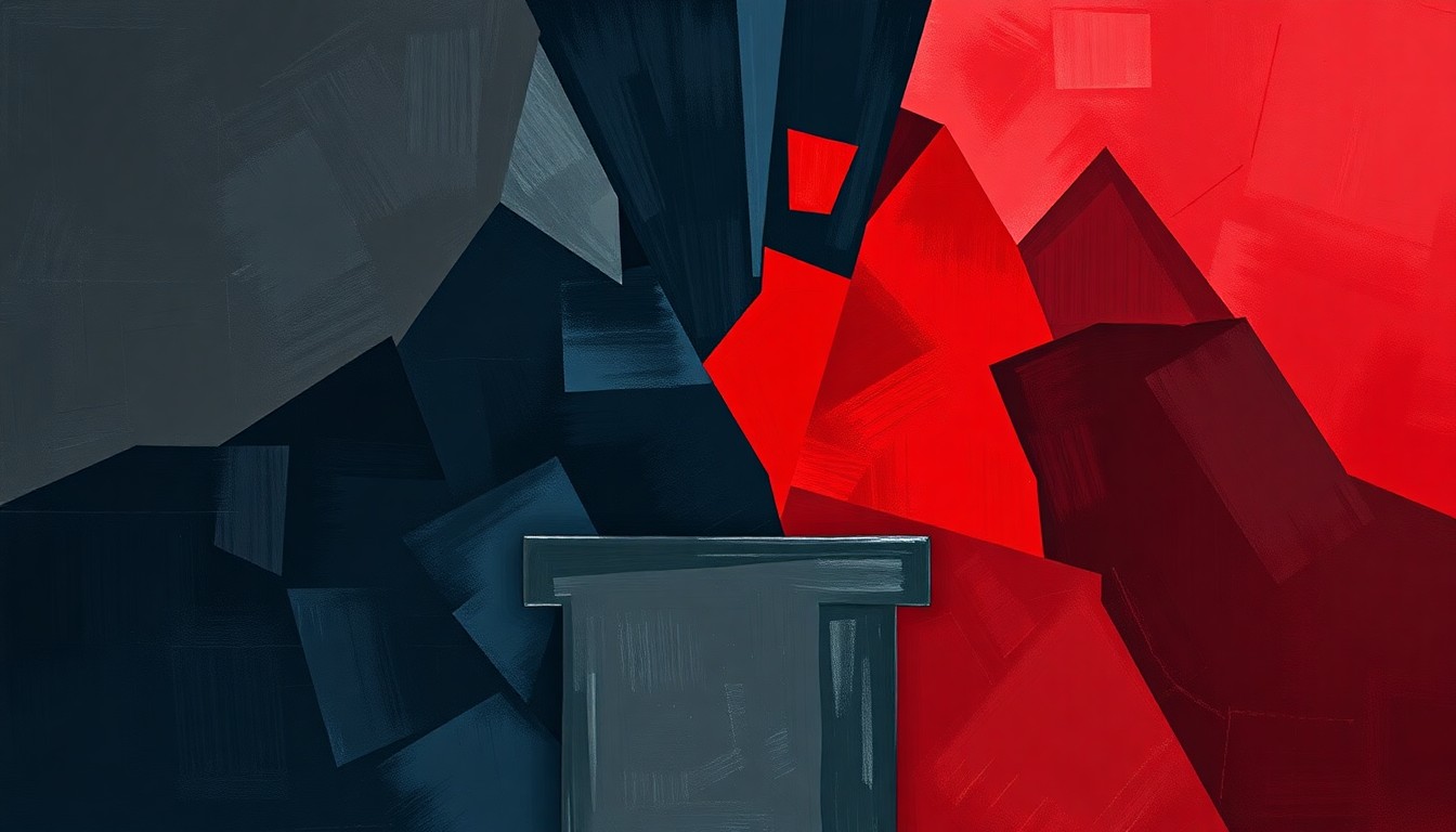 A fractured, abstract painting in shades of grey, navy, and red, depicting a podium or lectern in an overlapping, geometric style, conveying the chaotic and divisive nature of political discourse.