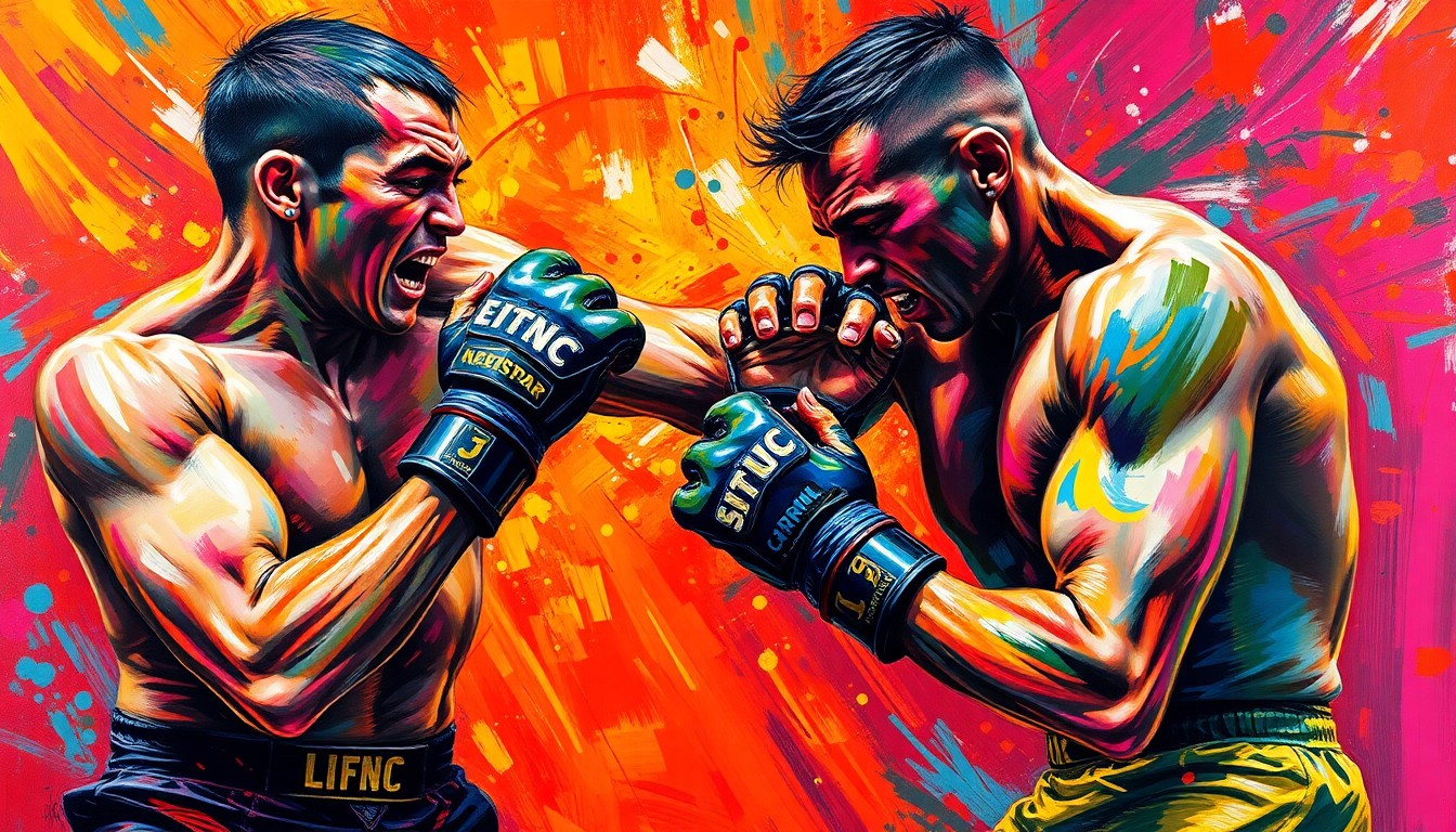 An abstract, expressionist painting in neon colors depicting the intense grappling and movement of two MMA fighters locked in a fierce battle.