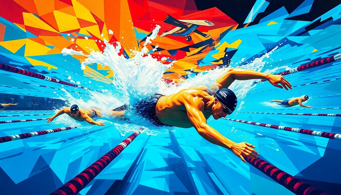 A cubist, geometric painting depicting a swimming competition, with overlapping planes of color and movement, capturing the energy and intensity of the NCAA Division III championships.