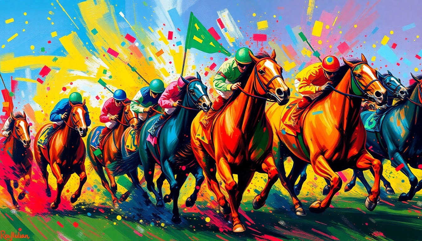 An abstract expressionist painting in vibrant neon colors, capturing the raw energy and movement of a horse race with the horses and jockeys blending into unrecognizable brushstrokes.