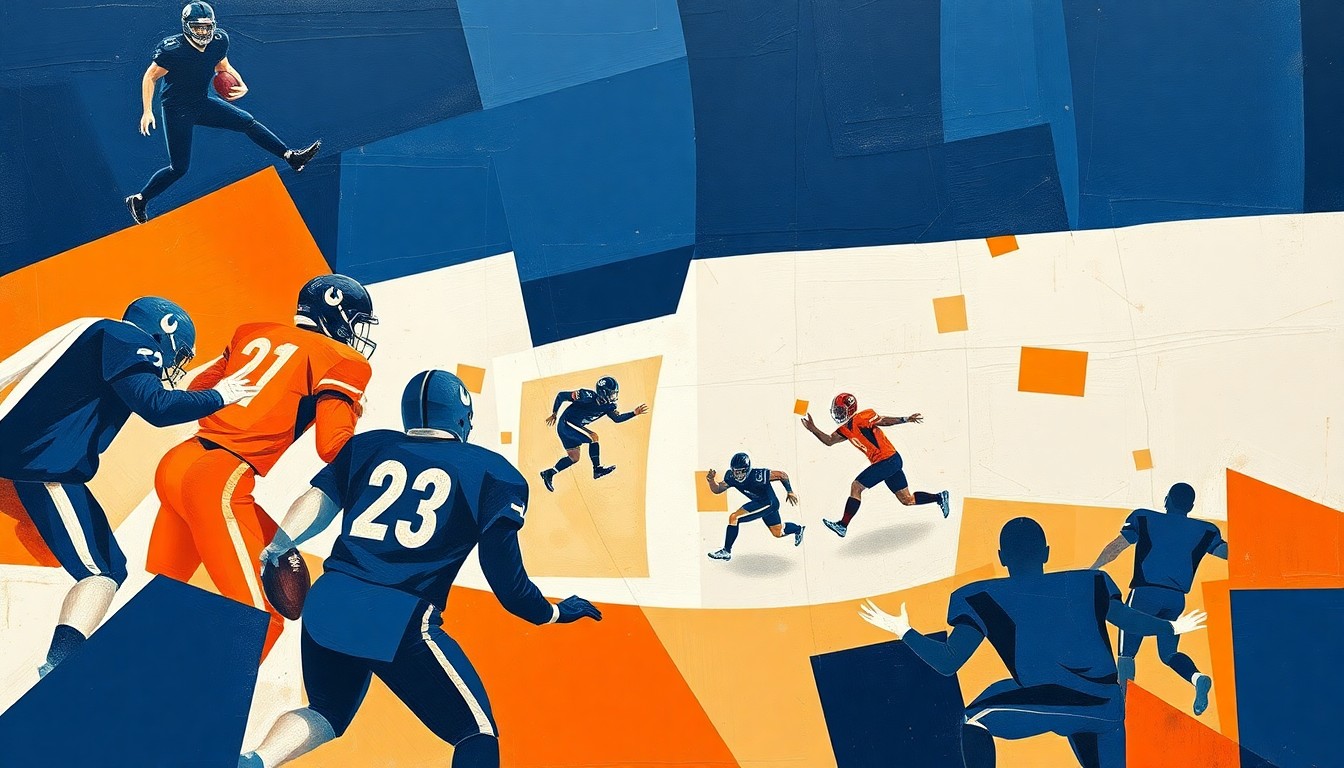 A cubist-style painting depicting fragmented, geometric shapes in navy blue, orange, and white, representing the tension between immediate impact and future cap flexibility in the Bengals' offseason decisions.