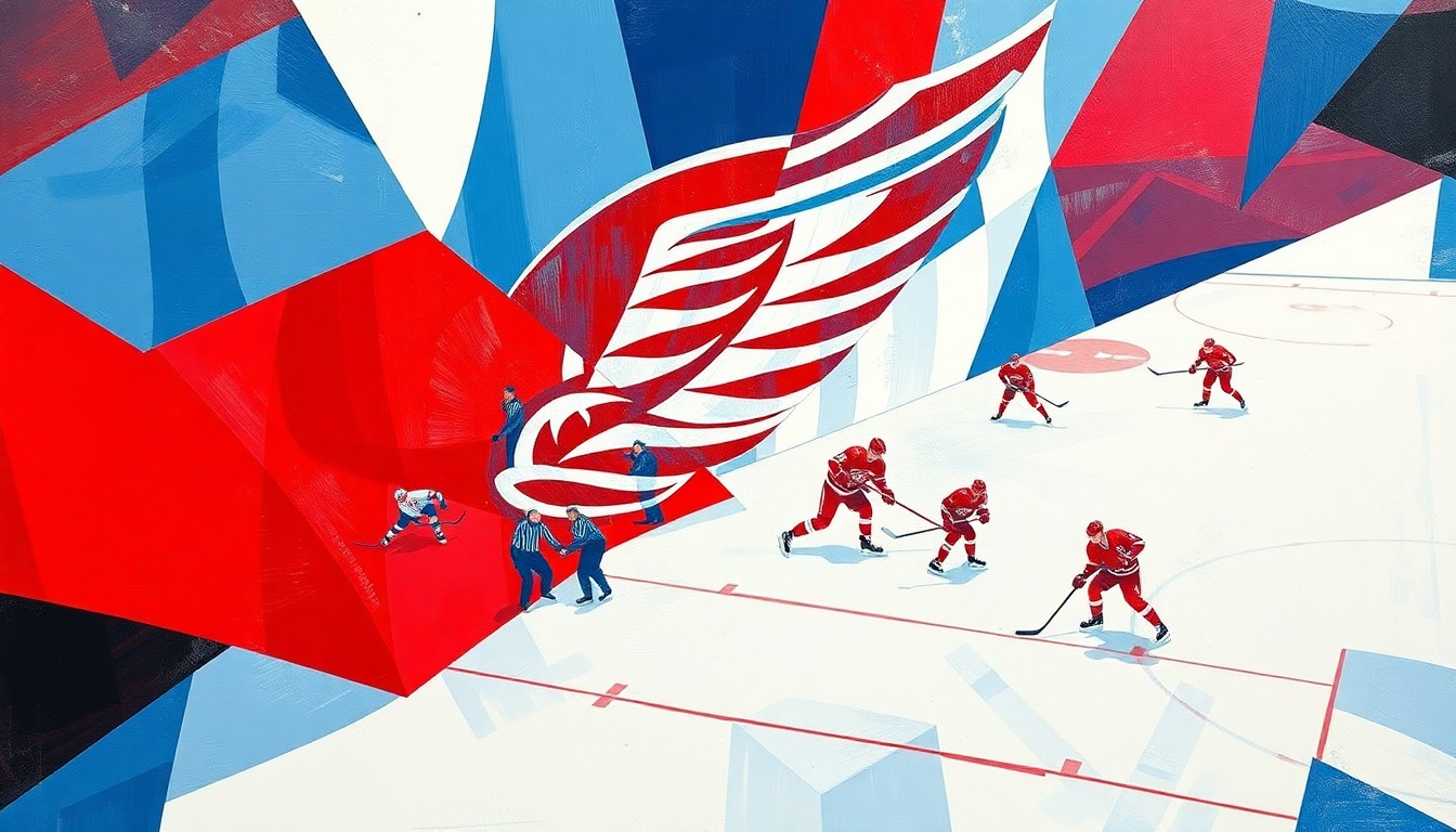 A fractured, cubist-style painting depicting a Detroit Red Wings hockey game, with the players and ice surface broken down into sharp, overlapping geometric shapes and planes in vibrant red, white, and blue colors, conveying the team's current state of decline and the need for change.