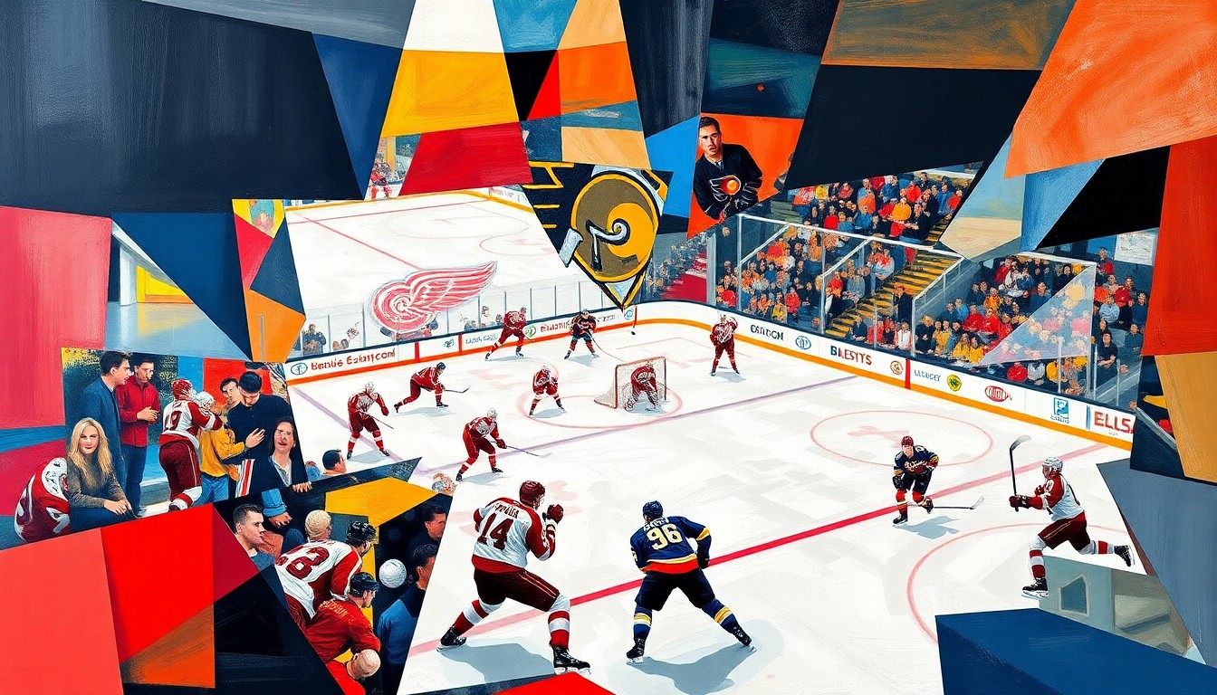 A fractured, multi-perspective painting featuring the key players and action from the Red Wings vs. Flyers hockey game, with vibrant colors representing the teams' official palettes. The cubist style breaks down the scene into sharp, overlapping geometric planes, conveying the game's intensity and the Red Wings' resilience in their playoff push.