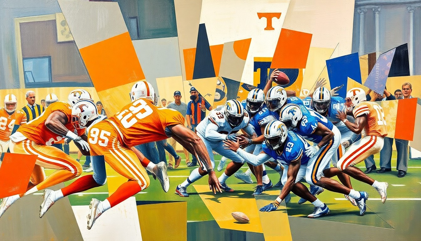 A cubist-style painting depicting a Tennessee football defensive play, with the players and field broken down into sharp, overlapping geometric shapes and planes in muted earth tones, conceptually representing the strategic complexity and intensity of Knowles' defensive schemes.