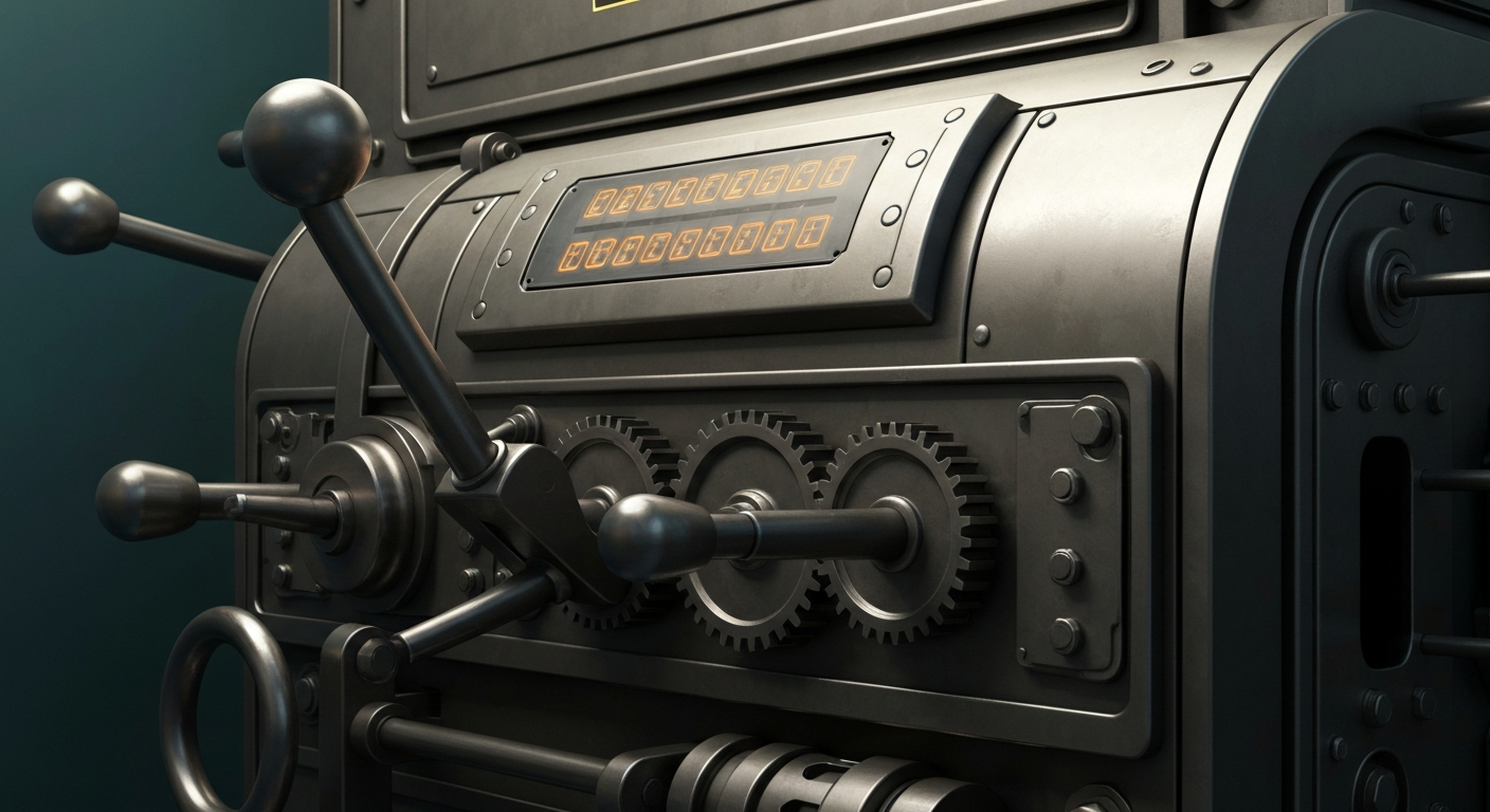 An extreme close-up of a complex, industrial banking machine with gears, levers, and a glowing digital display, conceptually representing the intricate financial infrastructure that athletes like Mayweather must navigate.