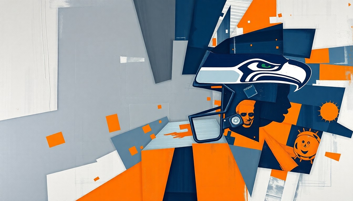 A cubist, geometric painting depicting a fragmented football game, with sharp, overlapping planes of deep pewter grey, navy blue, and burnt orange, representing the disruption and chaos caused by injuries to the Tampa Bay Buccaneers' offense.