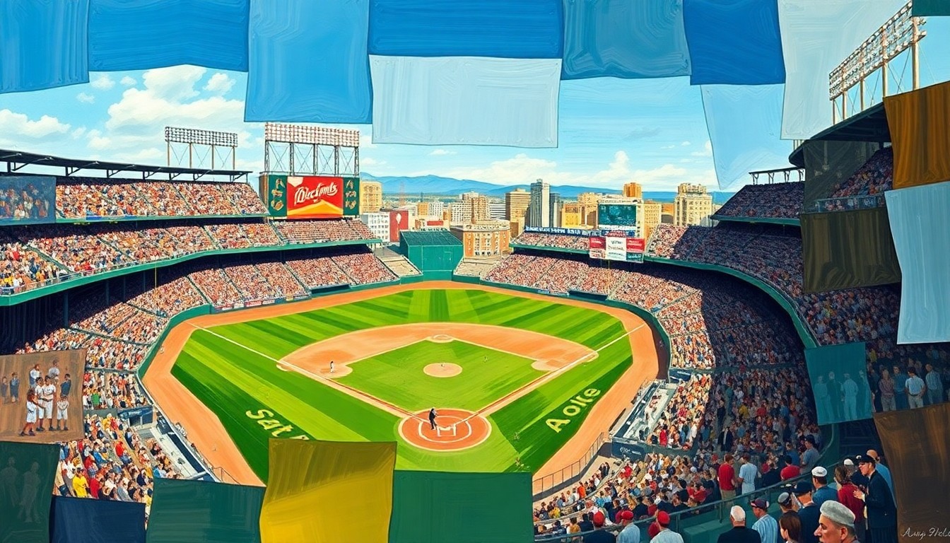 A fragmented, geometric painting depicting a baseball game in progress, with players, the field, and the crowd broken down into sharp, overlapping shapes and planes, conveying the tactical complexity and shifting dynamics of the game.