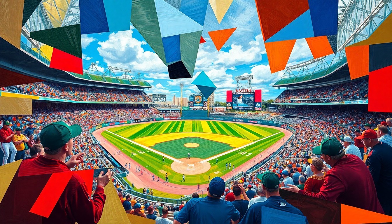 A fragmented, geometric painting depicting a baseball game between two teams, with sharp planes of color representing the players, field, and stadium environment.