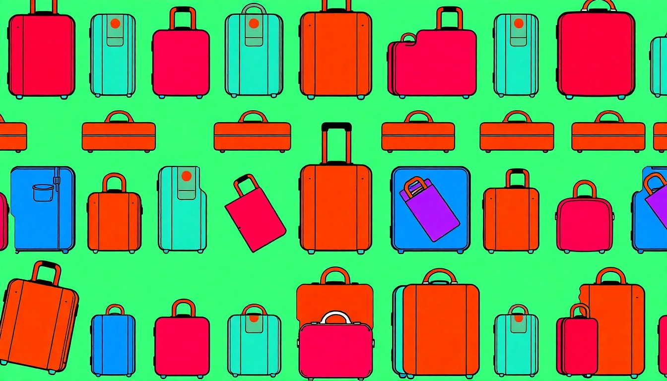 A high-contrast, brightly colored silkscreen print of a suitcase repeated in a grid pattern, representing the concept of international student immigration and the challenges of balancing family unity with financial requirements.