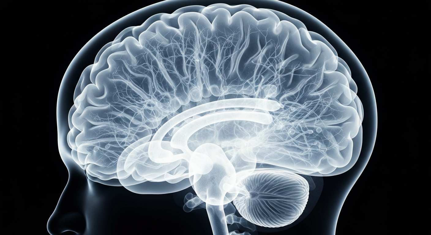 A translucent, ghostly X-ray photograph revealing the intricate structure of a human brain, with glowing neural pathways and synaptic connections, conceptually representing the mind-body focus of the wellness conference.