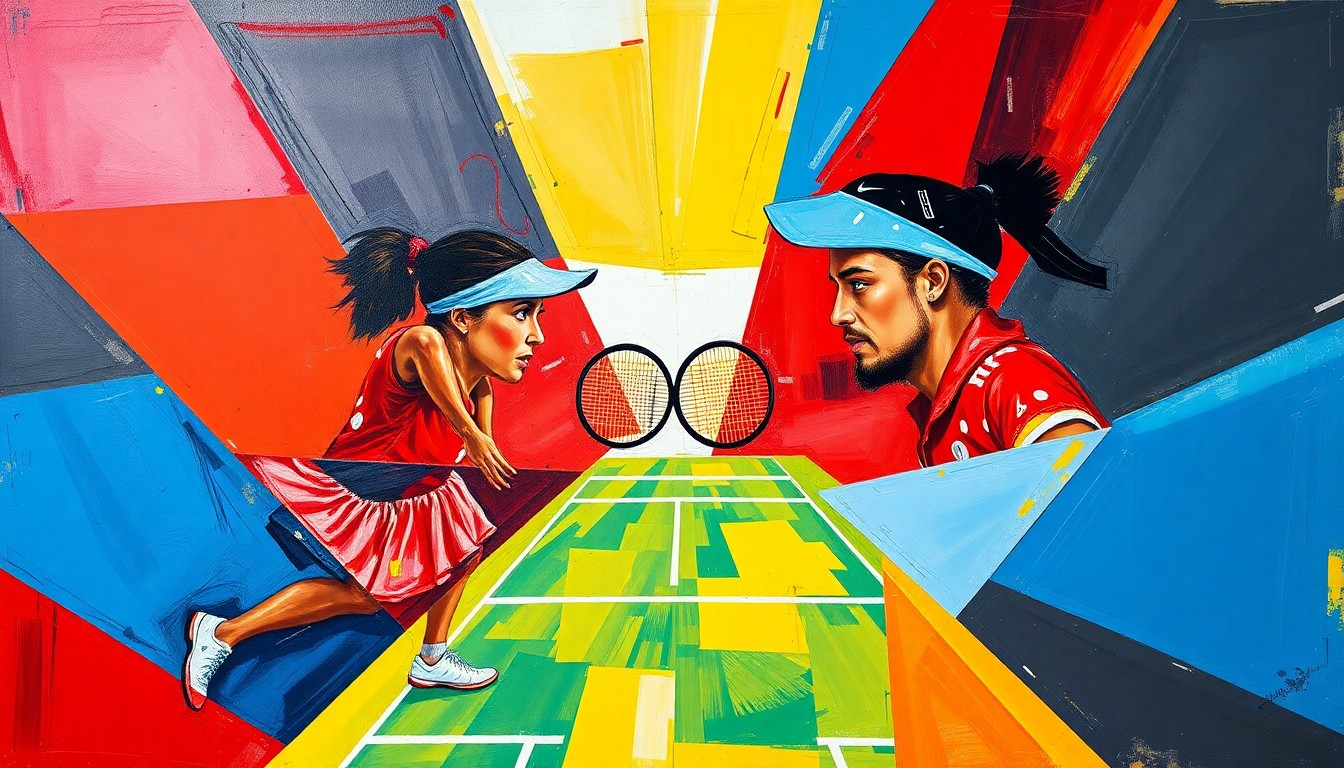 A fractured, cubist-style painting depicting a tennis match or competition, with sharp geometric planes in vibrant colors representing the dynamic energy and competitive spirit of the sport.