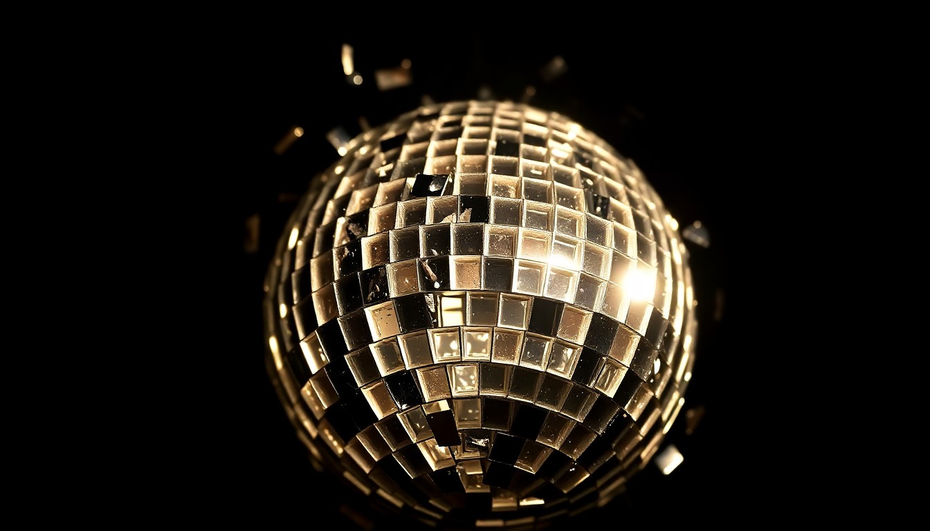 An extreme close-up photograph of a shattered disco ball, with the jagged edges of the glass reflecting dramatic, high-contrast beams of light, conceptually representing the loss of a beloved entertainer.