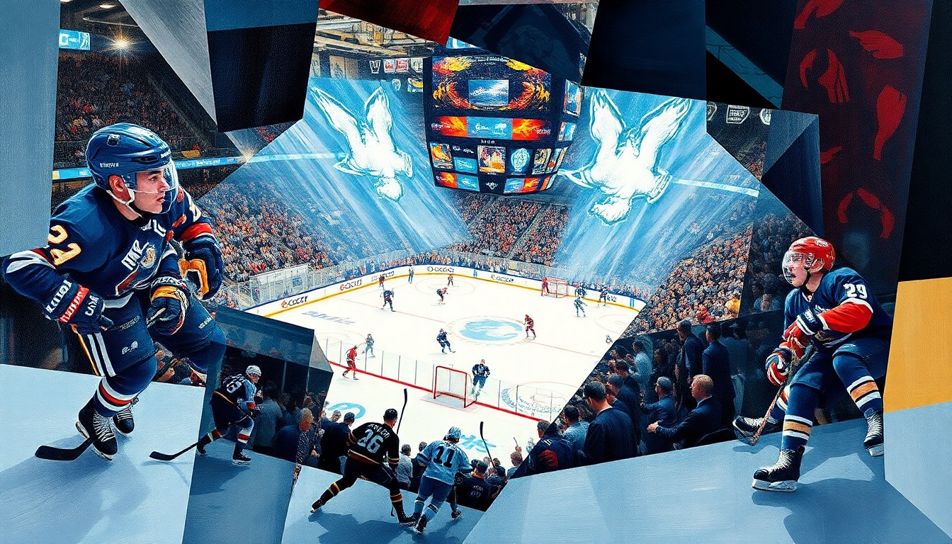 A fractured, multi-perspective painting in vibrant colors, breaking down a college hockey championship game into sharp, overlapping geometric shapes and planes, creating a dynamic, abstract composition that captures the energy and intensity of the event.