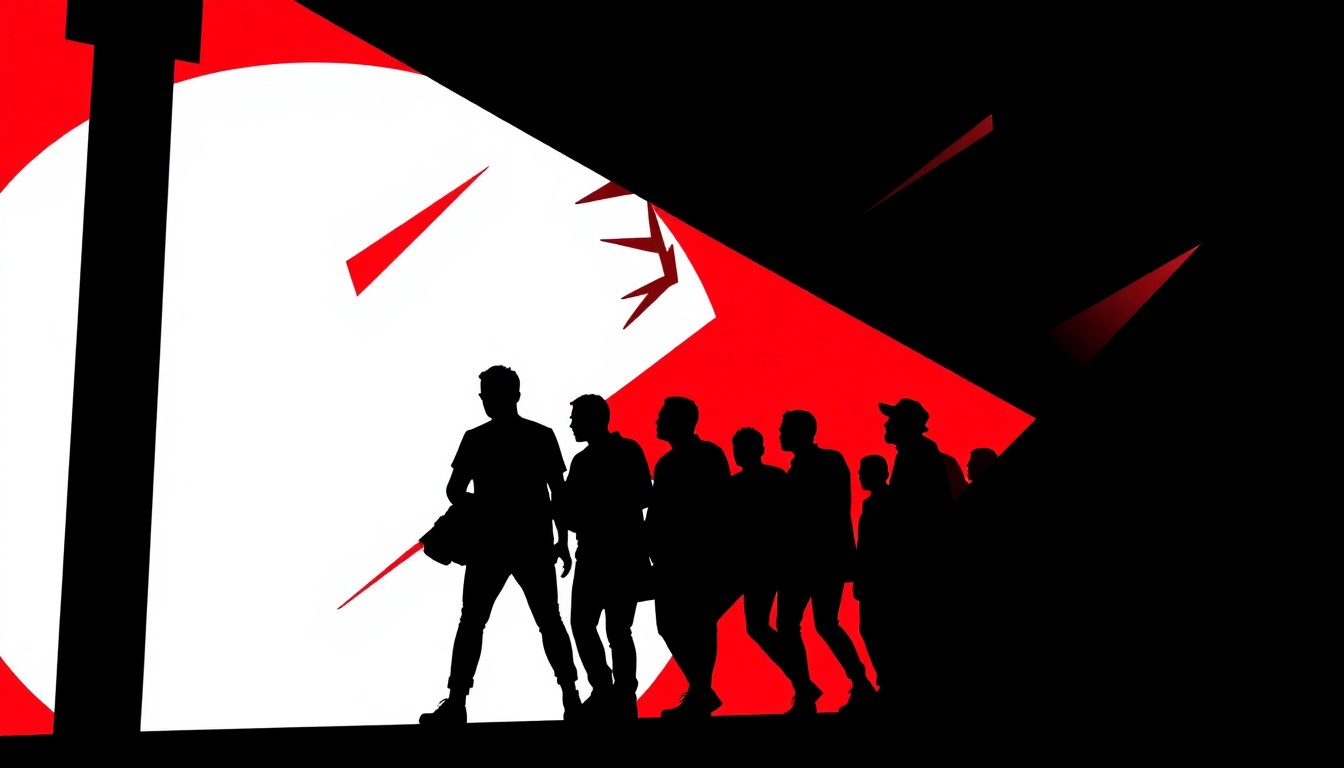 A bold, abstract composition of jagged, geometric cut-out shapes in vibrant red and white, conceptually representing the disruption and crisis caused by the KATSEYE album leak on the Coachella website.